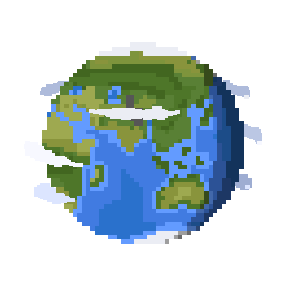 A pixel-art Earth rotating beneath bands of cloud